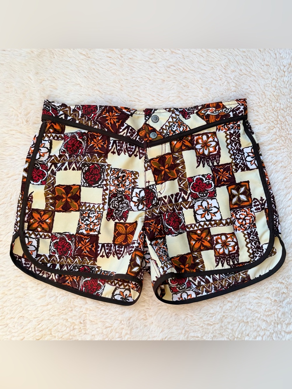Y2K Vintage Rusty Boho Patchwork Board Shorts Hawaiian Floral Coconut Girl Sz. 7